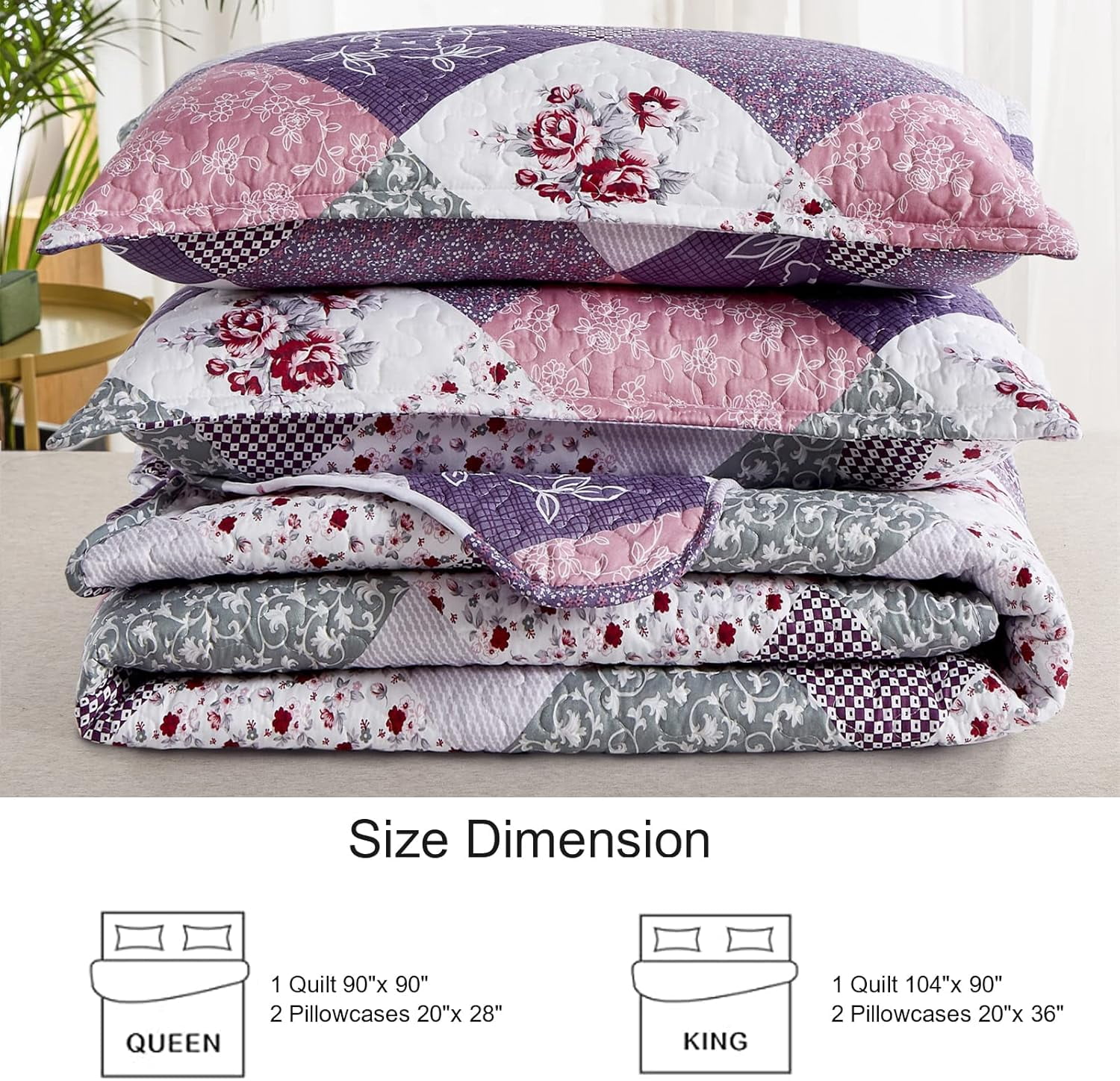 Purple Floral Plaid Quilt Set King Size Patchwork Pattern Bedding Set Bedspread Coverlet (104"x 90")