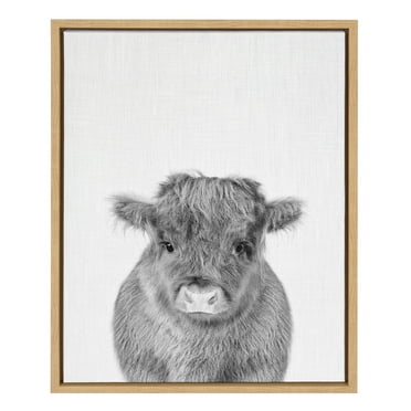 Kate and Laurel Sylvie Baby Calf, Farm Animal Print Black and White Portrait Framed Canvas Wall Art, Natural, 18x24