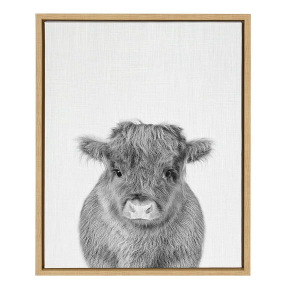 Kate and Laurel Sylvie Baby Calf, Farm Animal Print Black and White Portrait Framed Canvas Wall Art, Natural, 18x24