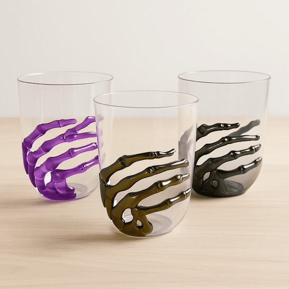 Stemless Plastic Skeleton Goblets, Halloween Party Cups, 3-Pack