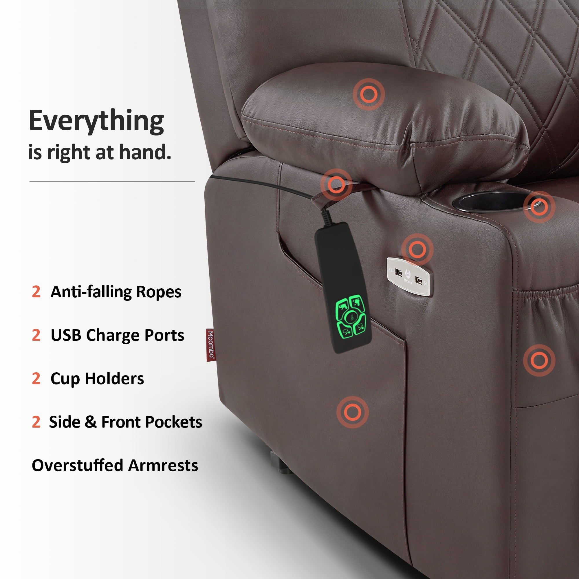 MCombo Small Size Electric Power Lift Recliner Chair Sofa with Massage and Dual Heating, Adjustable Headrest for Elderly People Petite, USB Ports, Extended Footrest, Faux Leather 7111 (Dark Coffee)