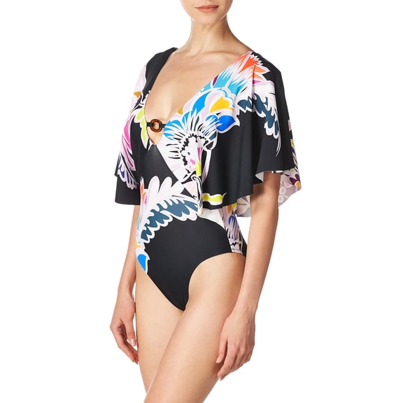 Trina Turk Women's Standard V-Neck Ruffle Sleeve One Piece Swimsuit, Multi//Seychelles, 0