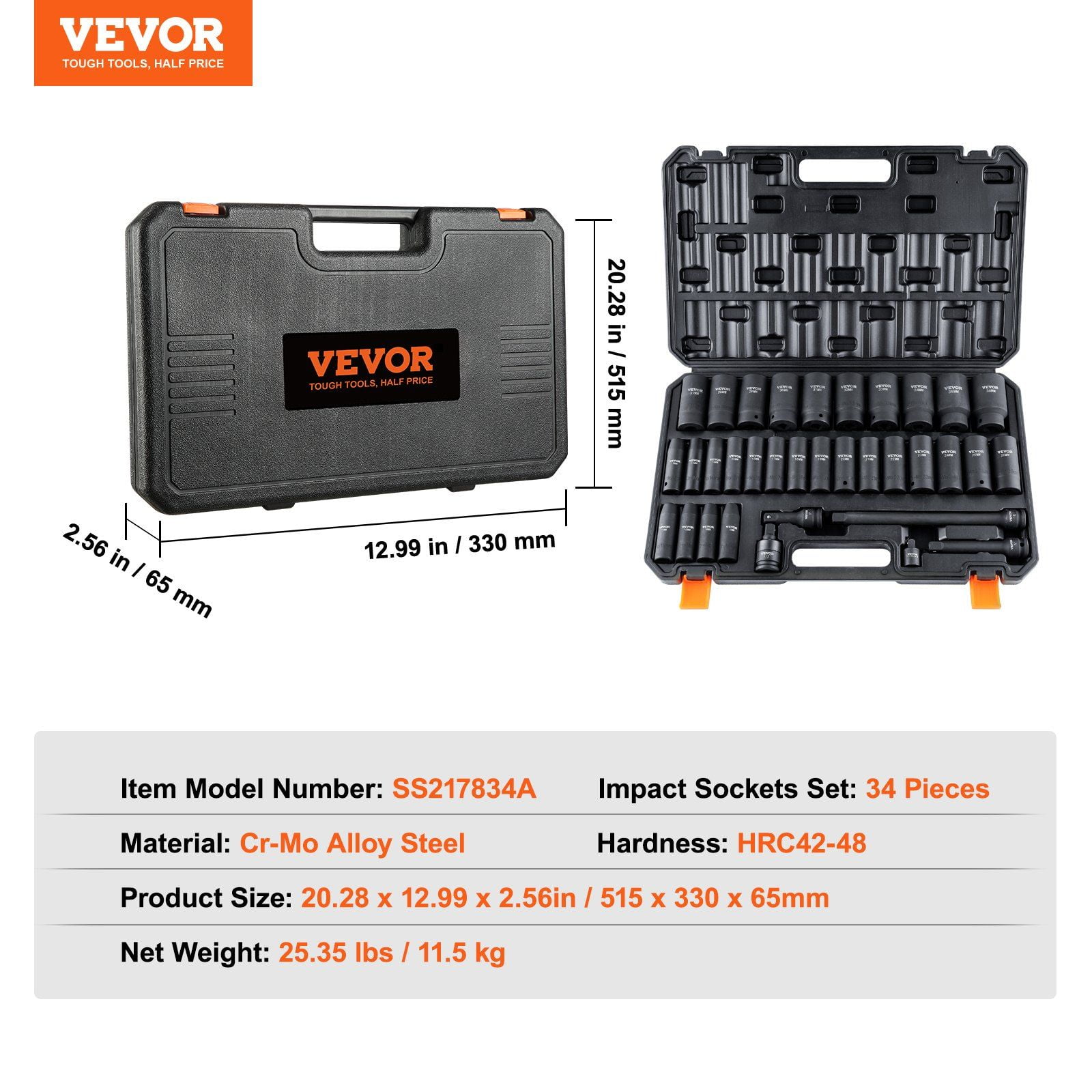 1/2" Drive Deep Impact Socket Set, 34-Piece Metric Socket Set (8-36mm) 6-Point Chrome Molybdenum Steel – Heavy-Duty Automotive Tool Kit with Tough Storage Case