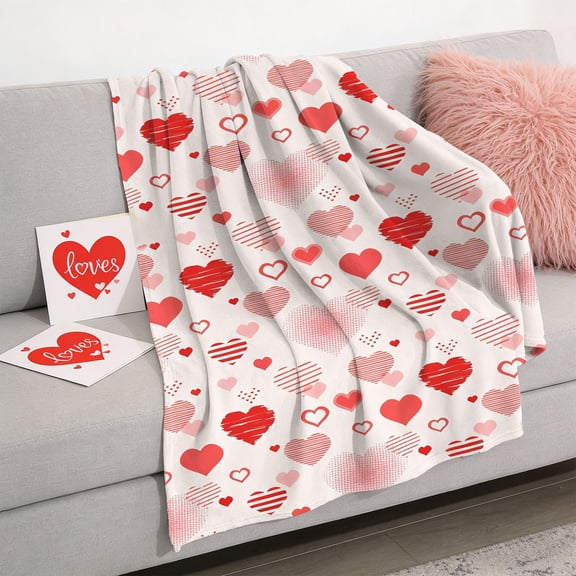 Large Valentine's Day Blanket 51x59 Inches Flannel Throw Blanket Printed Fleece Blanket Soft Polyester Blanket for Bed Couch Sofa Oversized Blanket Gift for Her Him Pink Red