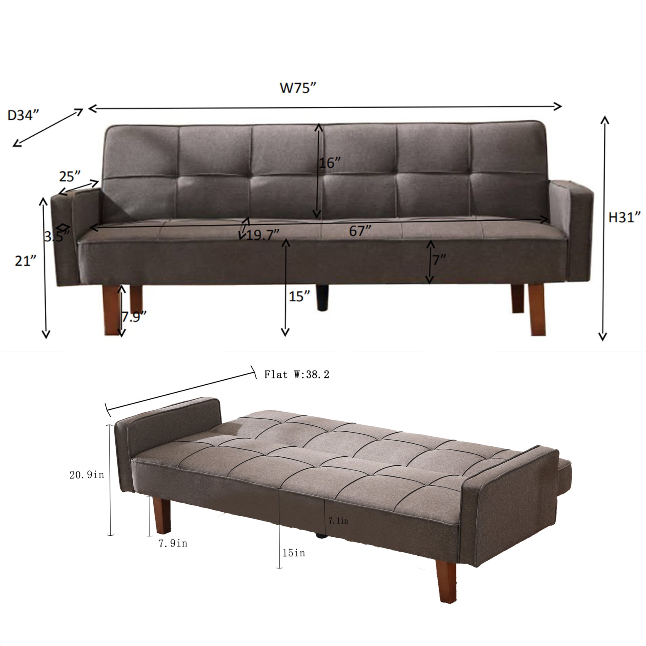 Aukfa 75" Square Arm Futon Sofa Bed Convertible Couch for Home Office, Wooden Legs, Linen, Gray