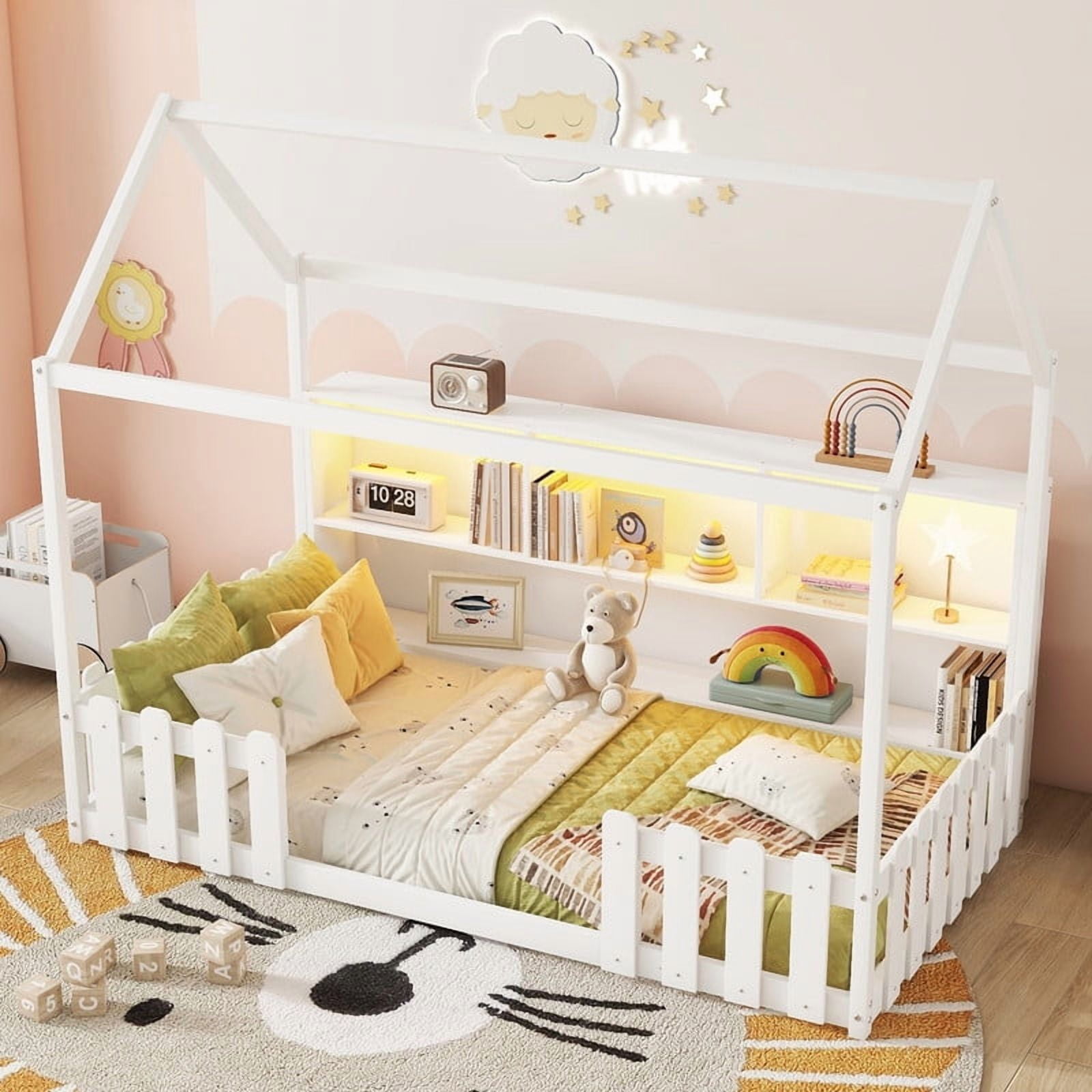 Mirightone Twin Size House Bed frame, Twin Floor Bed with High Rails & Storage Shelves, Montessori Bed with LED Light, Solid Wood House Floor Bed(White)