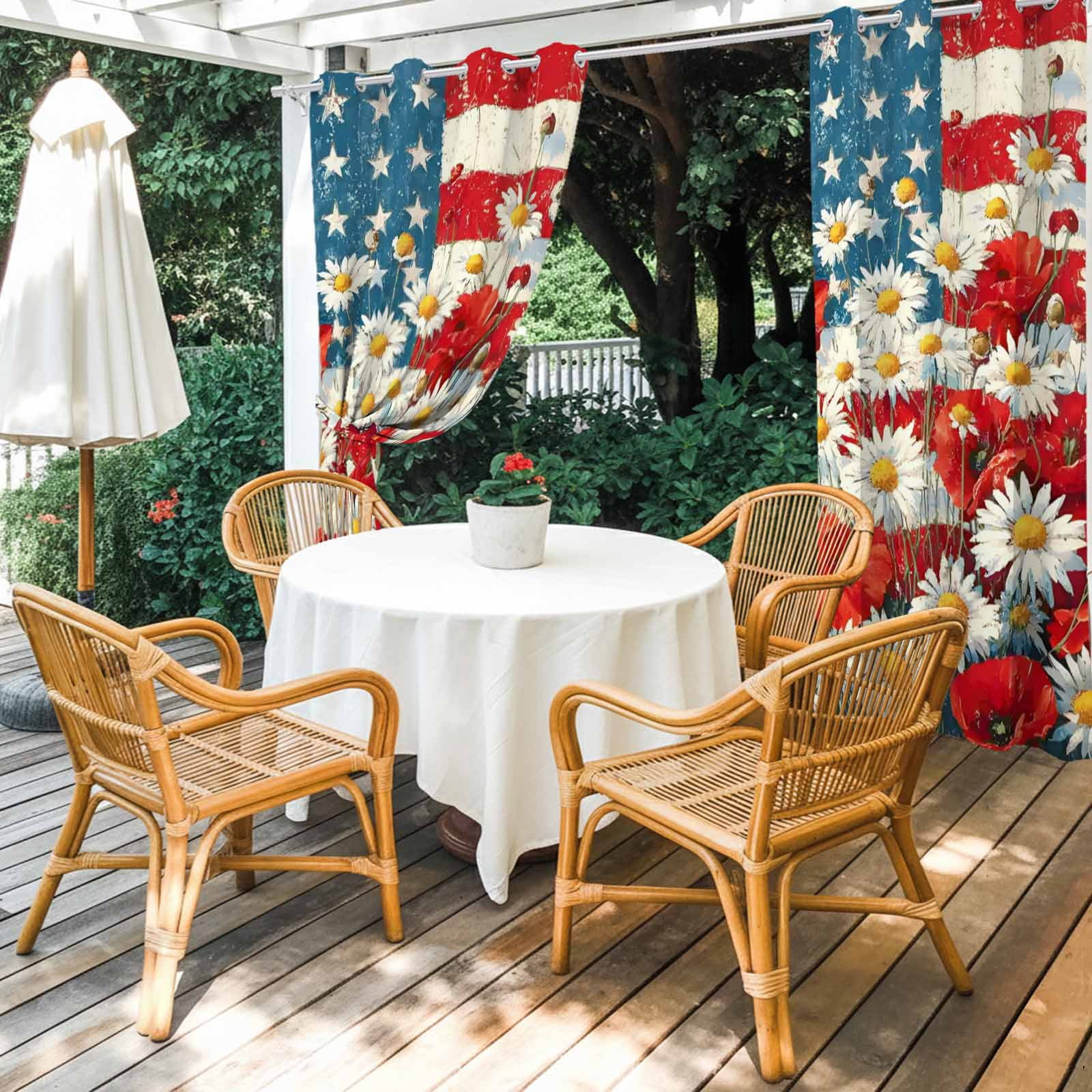 Independence Day Daisy Outdoor Curtains for Patio, Vintage Red Blue Stripe U.S. Flag Flower Leaf Sunshade Privacy Drapes Grommet Waterproof Outside Curtains for Porch/Cabana/Balcony 54"x108", 1 Panel