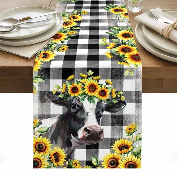 Farmhouse Cow Table Runner - 90 Inch Long, Kitchen Dining Table Runner Dresser Scarves, Pastoral Sunflower Botanical Black Plaid Farmhouse Decor for Coffee Tables Wedding Party Banquet