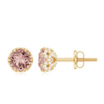 Rosec Jewels Round Morganite Solitaire Stud Earrings with Diamond (1.25 CT, AAA Grade), 10K Yellow Gold
