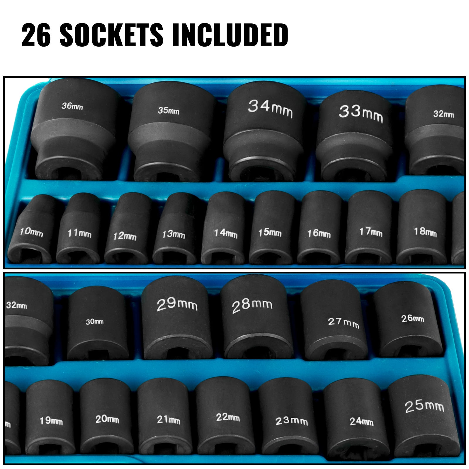 KFFKFF Impact Socket Kit 1/2" 26-Piece Impact Socket, Shallow Socket, 6-Point Socket, Rugged Construction, CR-M0, 1/2" Drive Socket Kit Impacts Metric 10mm - 36mm with Storage Cage