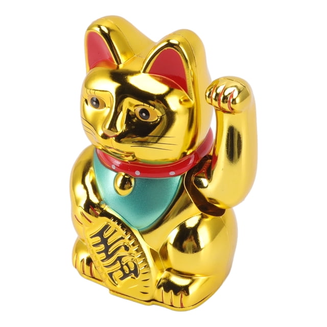 maneki neko, gato de la fortuna de la suerte, brazo agitador con batería para dinero de la fortuna y buena suerte, gato del dinero de la suerte que hace — figura maneki neko dorada de frente con pata derecha levantada, plástico brillante, collar rojo y babero verde azulado, sostiene una moneda con caracteres; vista centrada de sobremesa, funciona con 1 pila AA (no incluida); a menudo se usa también como adorno de escritorio o repisa para atraer atención en mostradores pequeños.