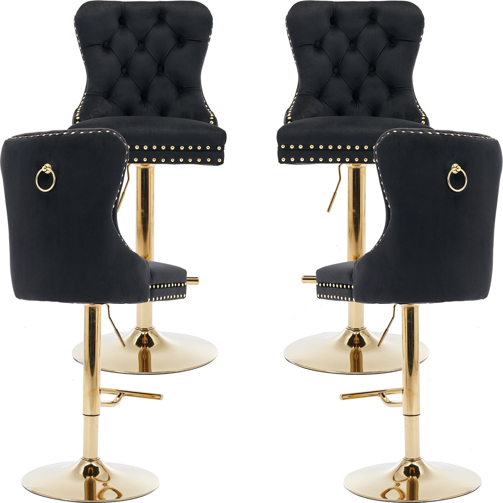 Black Velvet Swivel Bar Stools Set of 4 with Upholstered Back, Adjustable Counter Height