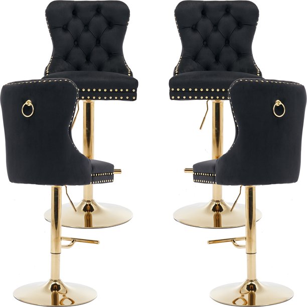 Black Velvet Swivel Bar Stools Set of 4 with Upholstered Back
