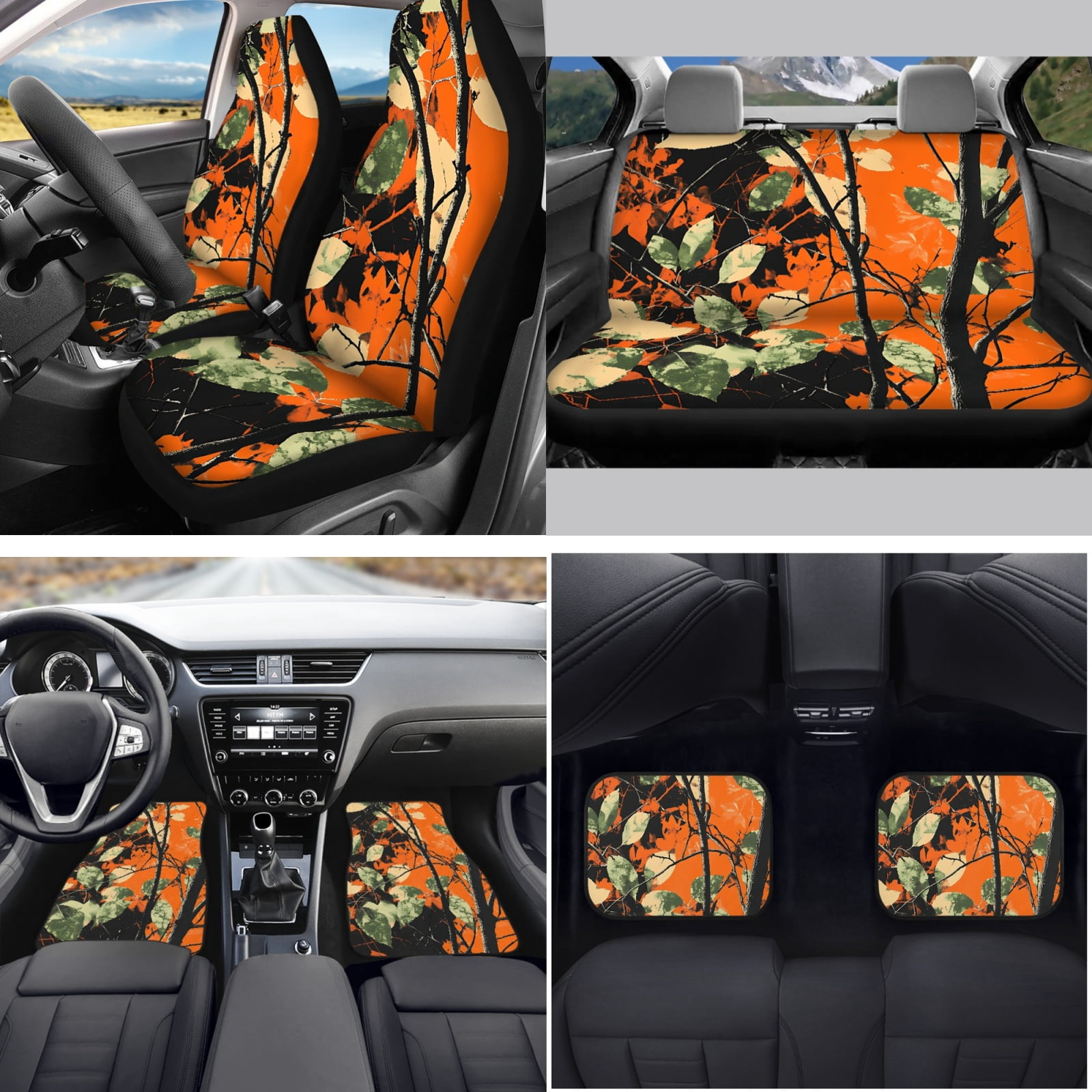 Yuyamidu Camo Hunting Car Seat Cover Full Set Orange Wood Car Floor Mats Steering Wheel Cover Seatbelt Pad Cup Coaster Handbrake Cover Gear Shift Knob Cover 15pcs Auto Accessories Set for Sedan