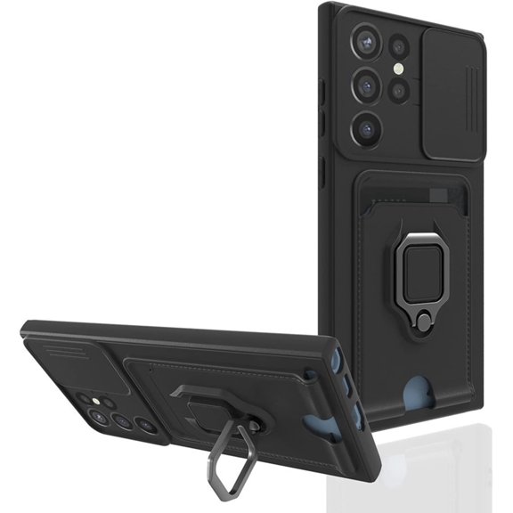 KOMI Case for Samsung Galaxy S22/S22 /S22 Ultra, Push Window Phone Case with Card Holder Ring Holder Magnetic Back Cover, Shockproof Anti-Slip Protection, Black, S22plus 6.6"