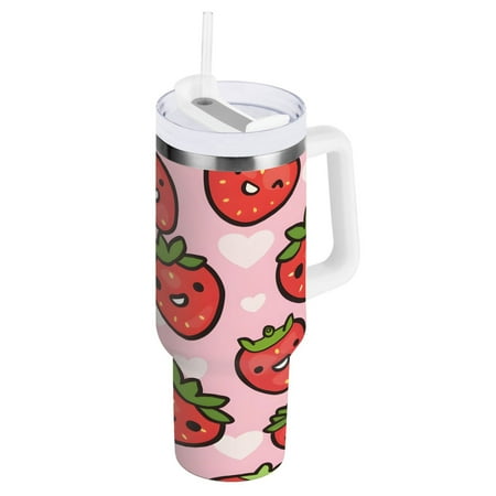 

Cute Cartoon Strawberry Tumbler with Handle and Straw Lid 30 oz Insulated Vacuum Water Bottle Stainless Steel Travel Cup