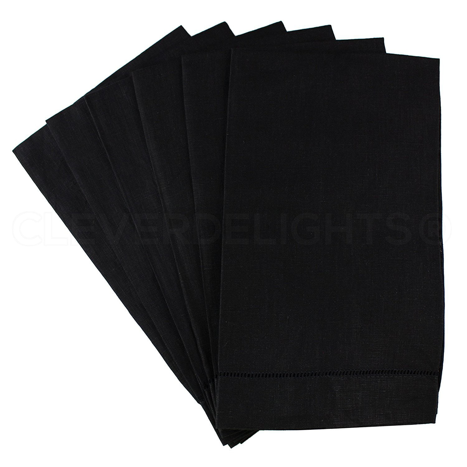 14 x 22-100% Linen CleverDelights 6 Pack Black Linen Hemstitched Hand Towels Black Tea Towels