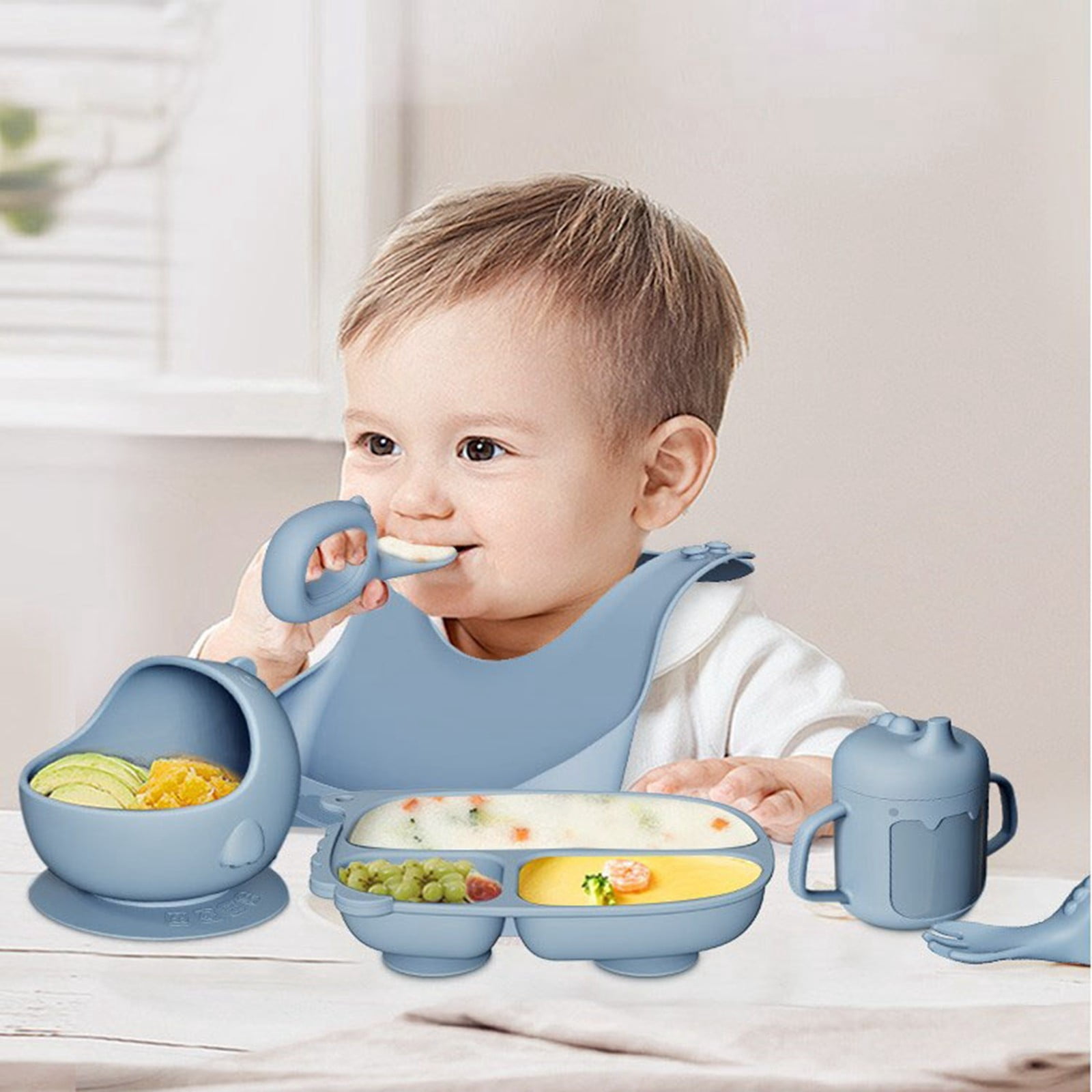 Silicone Baby Feeding Set Baby Led Weaning Supplies With Suction Cup Divider Tray Toddler Self Feeding Tableware Set High-quality