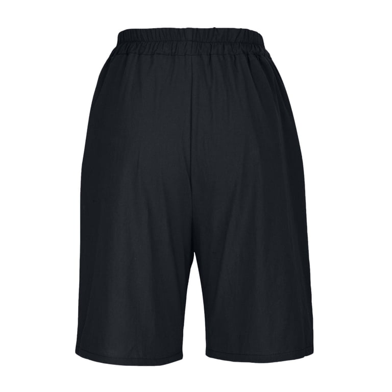Xysaqa Women Knee Shorts Elastic Waist, Linen Casual Pockets Pants