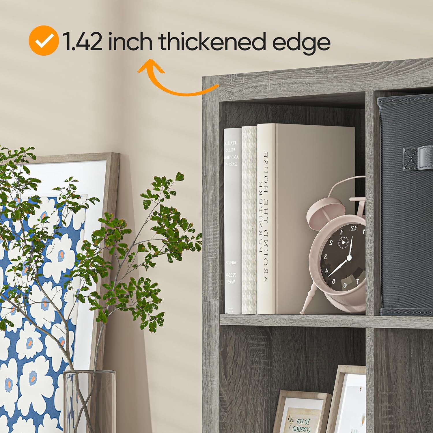 9 Cube Shelf, Closet Storage Organizers, Modern Open Bookcase with Bins, Multifunctional Display Cube Bookshelves for Living Room, Bedroom, Home Office, Gray Oak
