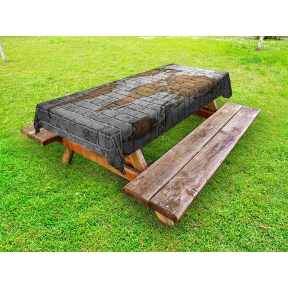 Wanderlust Outdoor Tablecloth, World Map on Old Brick Wall Countries Continents Aged Vintage Rough, Decorative Washable Fabric Picnic Tablecloth, 58 X 120 Inches, Pale Grey Pale Brown, by Ambesonne