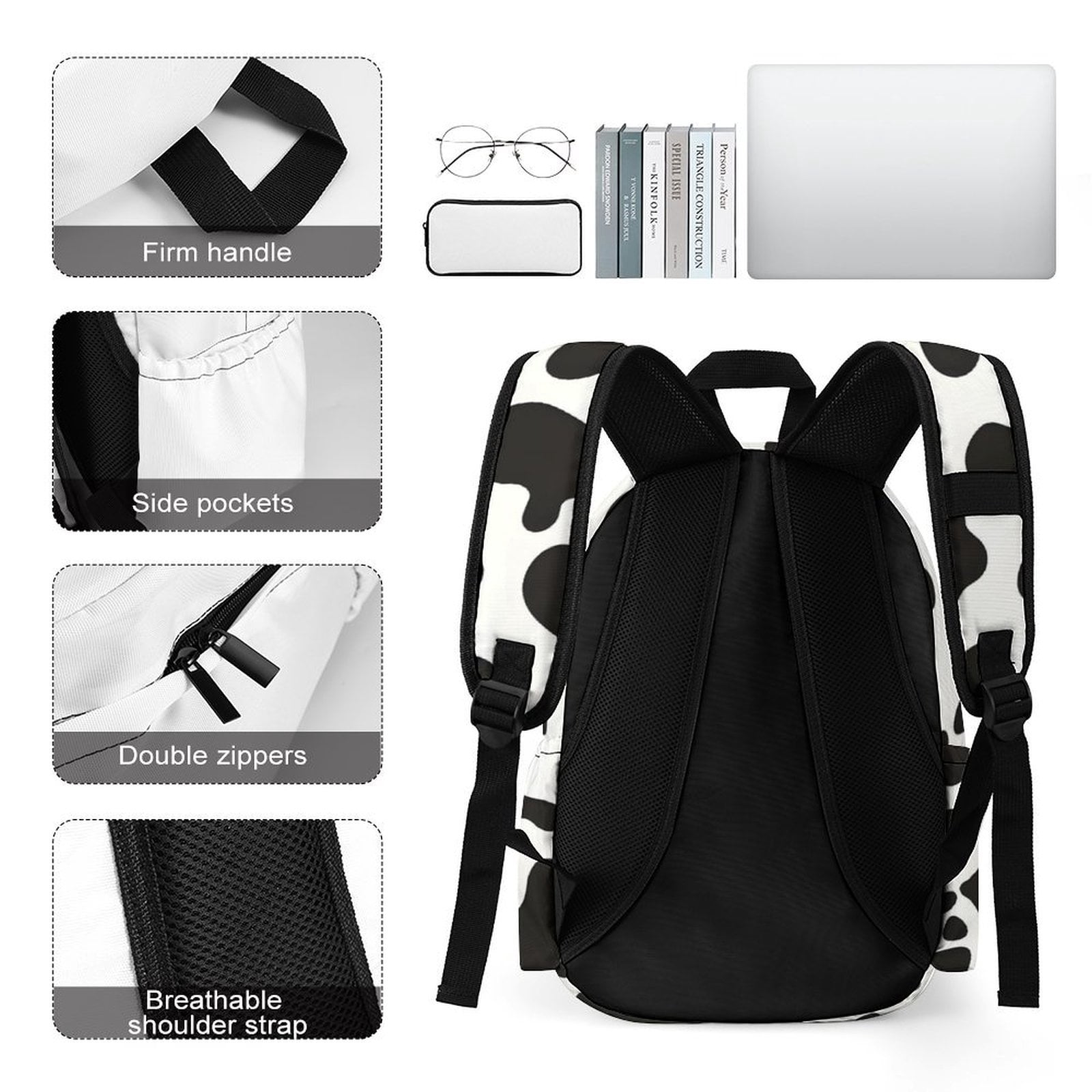 Large Capacity Half Print Backpack 11.8×16.5×5.9in Multifunctional Zipper Design Convenient Switch Simple Cow Print Pattern, Vector Art Style_3
