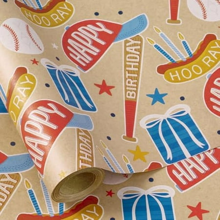 Baseball Birthday Wrapping Paper Roll for Boys, Mini Roll, Vibrant Baseball, Hotdog, Hat Patterns Gift Wrap Paper Ideal for Boys' Sports-Themed Birthday Celebrations, 17 Inches x 16.4 Feet