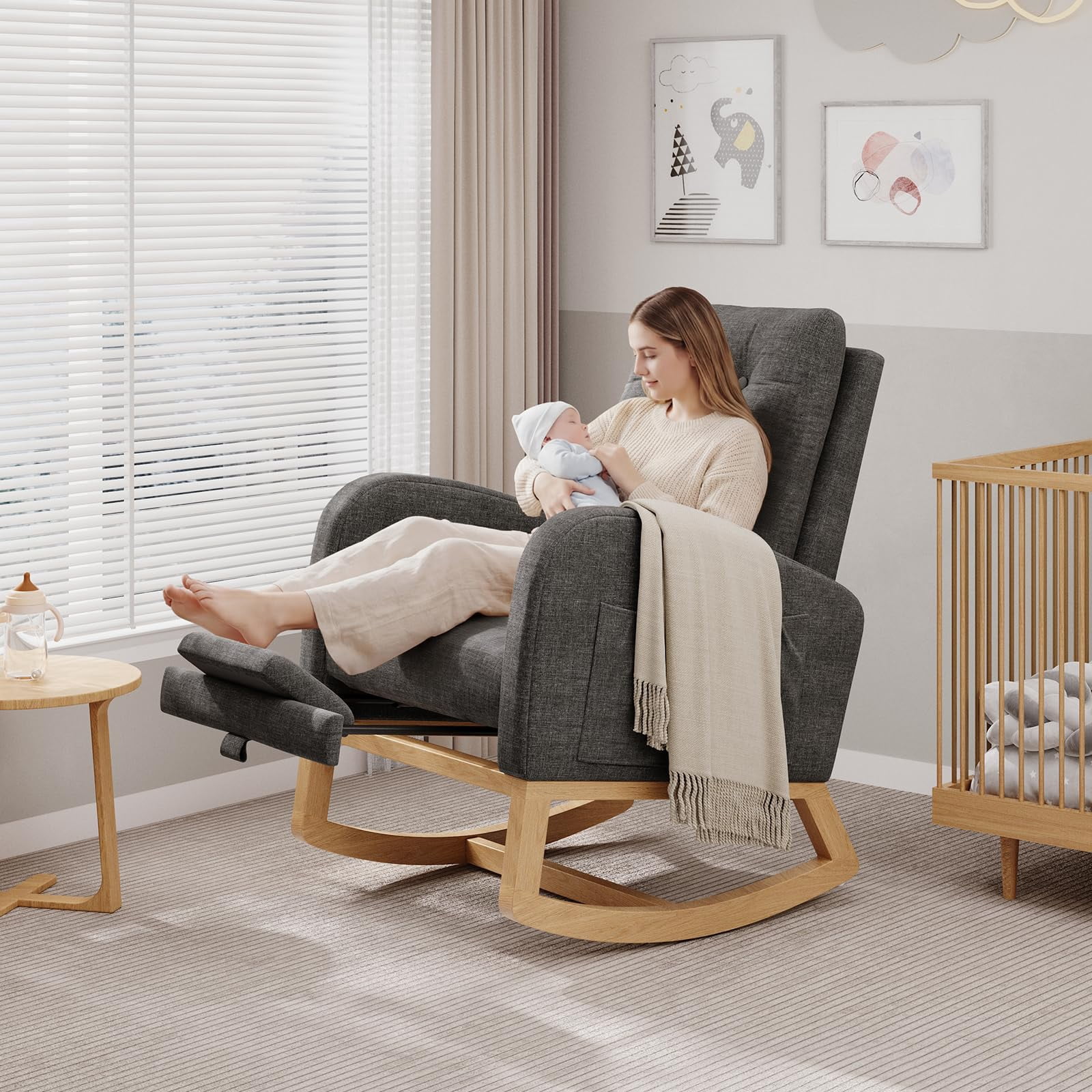 Modern Nursery Rocking Chair with Adjustable Footrest – High Backrest, Linen Upholstery, Sturdy Wooden Legs, Comfortable Glider Armchair for Living Room, Bedroom, or Nursing Room – Gray with Footrest