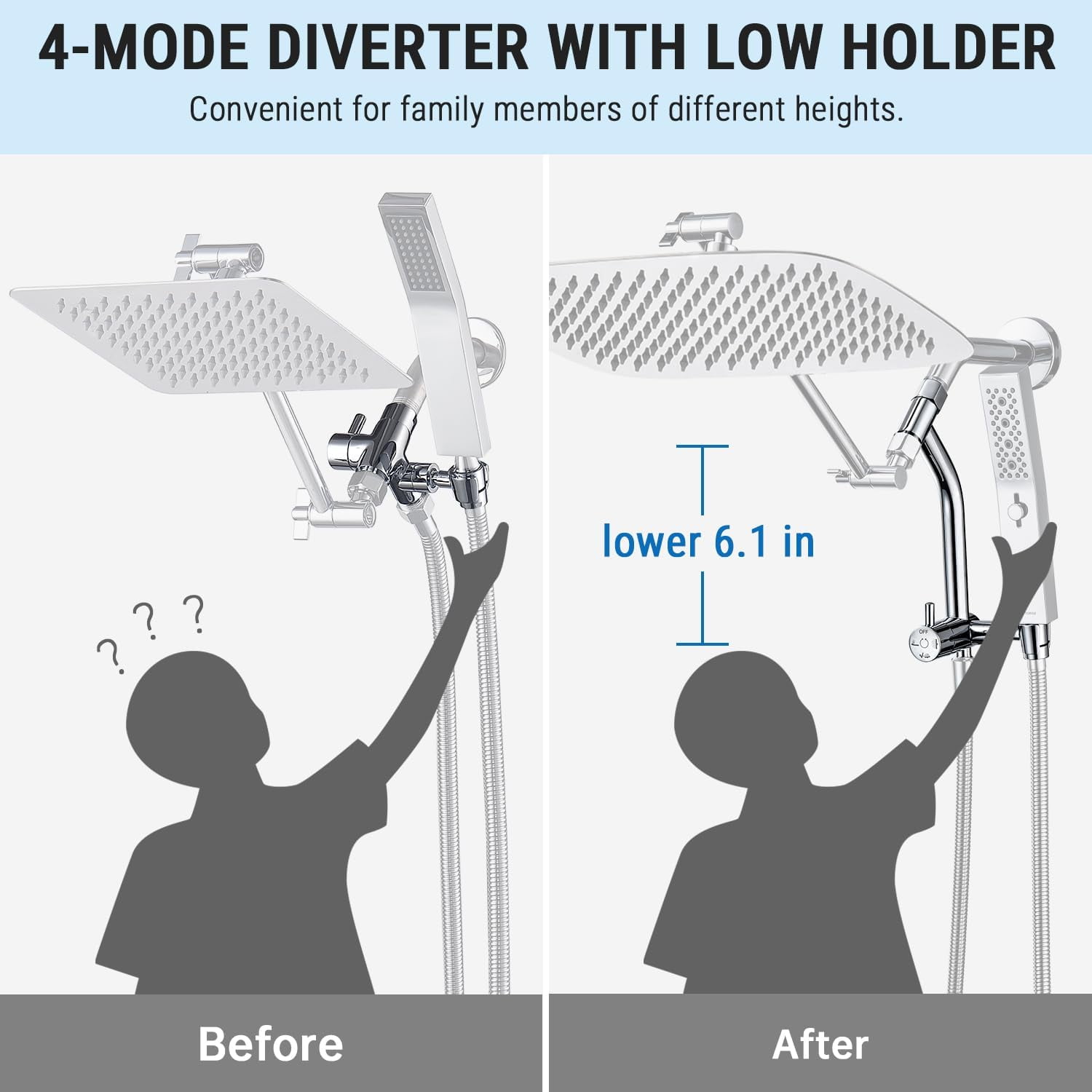 Metal 16 Inch Shower Head with Massage Mode Handheld, Rain Shower Head with Handheld Spray Combo, 3-Way Diverter with Pause Setting, 12 Inch Adjustable Extension Arm (Chrome)