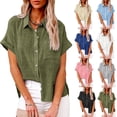 thumbnail image 3 of Spring and summer tops cotton and linen pocket buttoned short-sleeved shirts T-shirts for women, 3 of 6