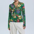 thumbnail image 2 of Womens Mardi Gras Shirts Sparkly Carnival Long Sleeve Tunic Tops Mask Print V Neck Green Graphic Tee Green 2XL, 2 of 7