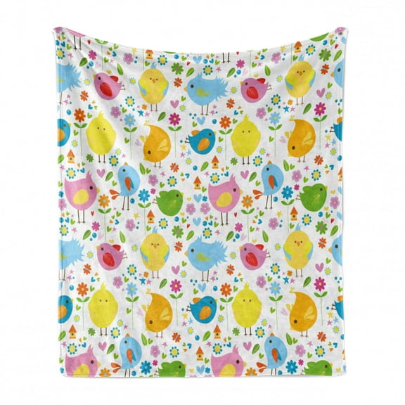 Birds Soft Flannel Fleece Throw Blanket, Colorful Spring Animals Flowers Artwork for Children Nature Design Pattern, Cozy Plush for Indoor and Outdoor Use, 70" x 90", Multicolor, by Ambesonne