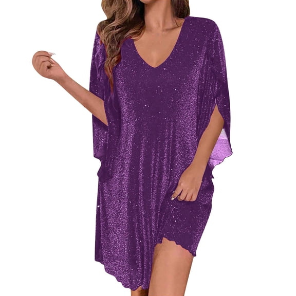 Xdegoge Glitter Dress for Women Sheer Mesh V Neck Sparkly Tunic Dresses Loose Flowy Mini Dress Flare 3/4 Sleeve Going Out Party Night Club Evening Wear