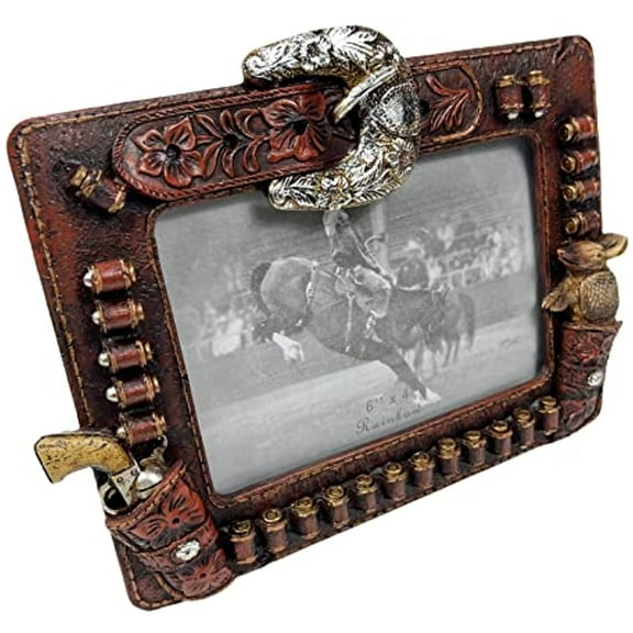 Urbalabs Western Cowboy Belt Buckle Pistol and Armadillo Brown Tooled 6x4 Photo Frame Country Decor Picture Frame 6" x 4" Rustic Gifts Farmhouse Picture Frames Standing Elaborate Picture Frame