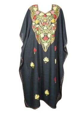 Mogul Women Caftan Dress Handmade Black Floral Embroidered Kimono Summer Cover Up Abaya Loose Stylish Maxi Kafan Dresses 4XL