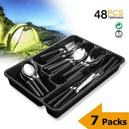 - Silverware Set Moxinox 7 Packs 48 Piece Flatware Tableware Plastic Handle Steak Knife Spoons Forks Knives Box Fork with Cutlery Tray (Black)
