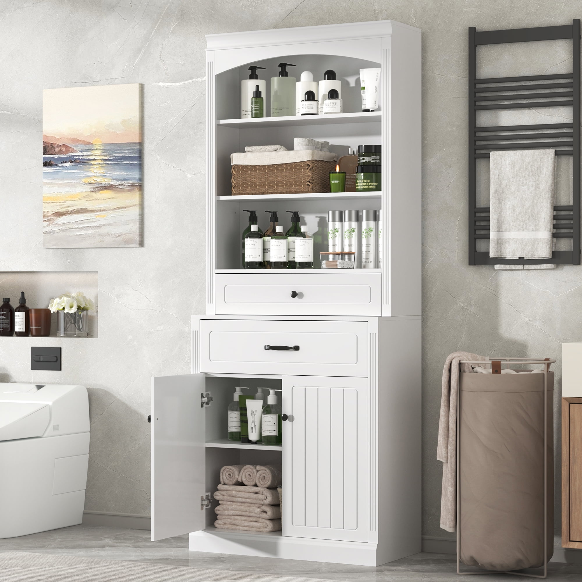 Euroco White Bathroom Storage Cabinet with Two Doors, Drawers, Adjustable Shelf & Three Open Shelves – Durable MDF Construction