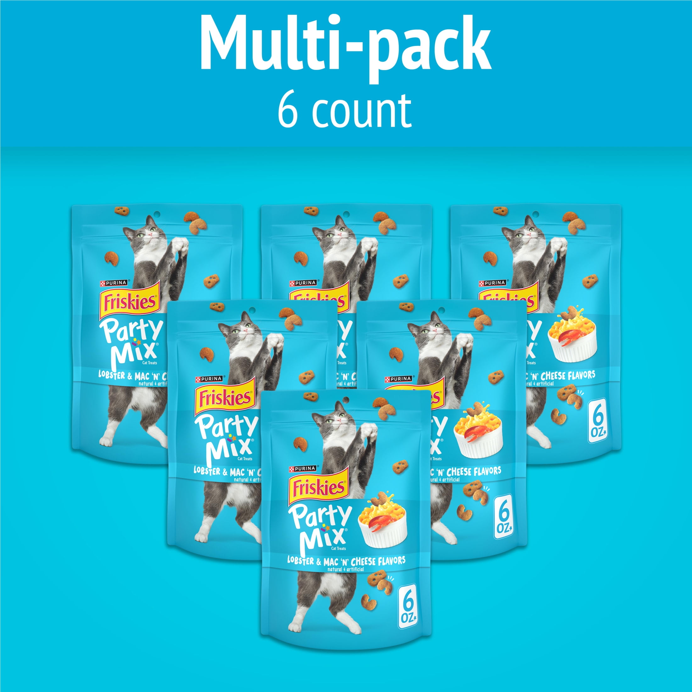 (6 pack) Purina Friskies Party Mix Lobster and Mac 'N' Cheese Flavor Treats for Cats, 6 oz Bag, 6 Pack