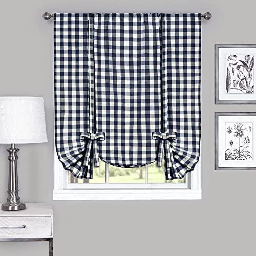 Farmhouse Curtains Kitchen Décor, Buffalo Valance, Classic Country Gingham Checkered Design, Farmhouse Décor, Window Curtain Treatments (Navy, Tie-Up Shade)