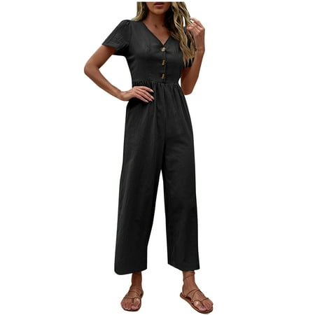 

Women Short Sleeve Summer Casual V Neck Wide Leg Cropped Pant Jumpsuits Button Solid Color Loose Fit Comfy Rompers