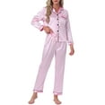 thumbnail image 2 of INSPIRE CHIC Women's Satin Pajama Set Silky Long Sleeve Button Down Striped Leopard Sleepwear with Pocket L Light Pink Striped, 2 of 5