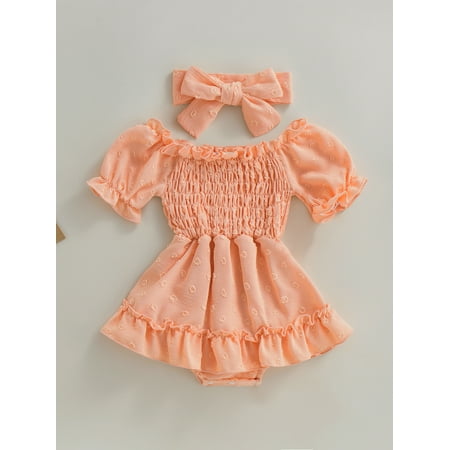 

Lamuusaa Baby Girls Romper Set Short Sleeve Off-shoulder Pleated Jacquard A-line Dress with Headband