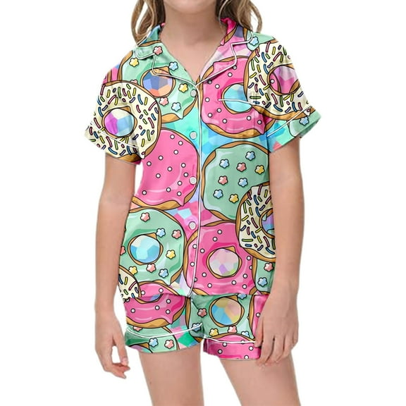 WOYY Pajamas for Girls Doughnut Print Satin Cozy Homewear Set, 2-Piece, Sizes 2-13T