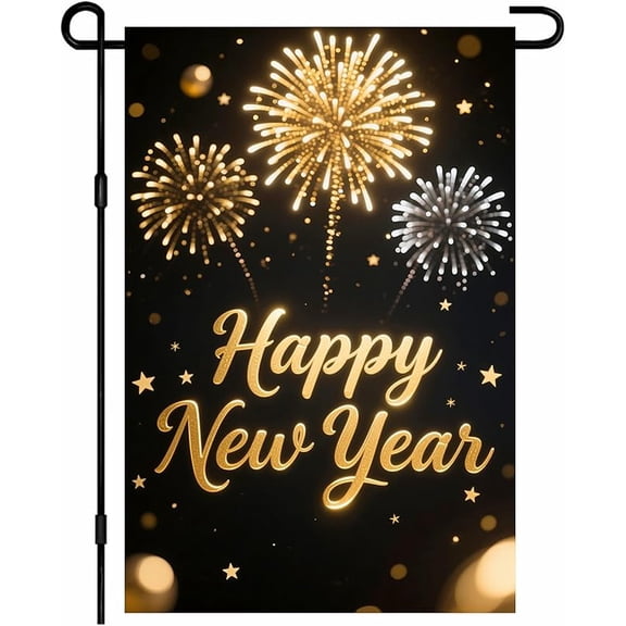 New Year Garden Flag 12x18 Inch Double Sided Happy New Year Text with Golden Holiday Sparkle and Elegant Design Outdoor Yard Flag for Outside Home Front Door Lawn Porch Patio Welcome Decor