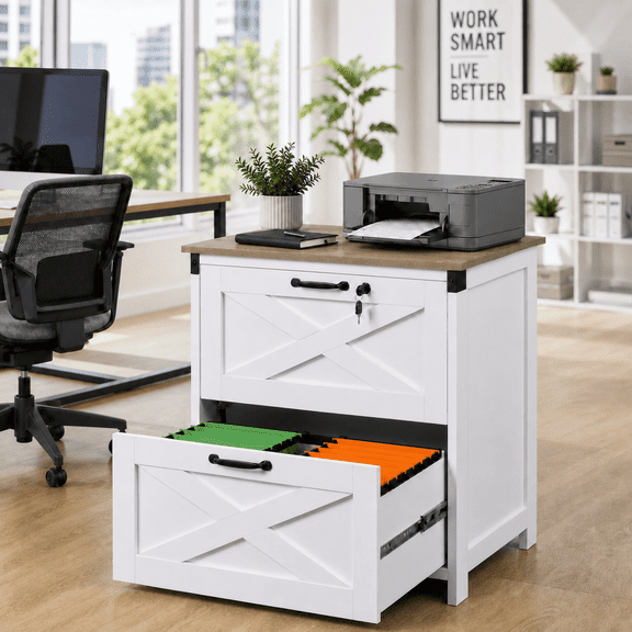 GALAXHERO 2 Drawer Lateral File Cabinet with Lock, Farmhouse Wood Filing Cabinet for Home Office, Fits Letter/Legal/A4, Printer Stand, White