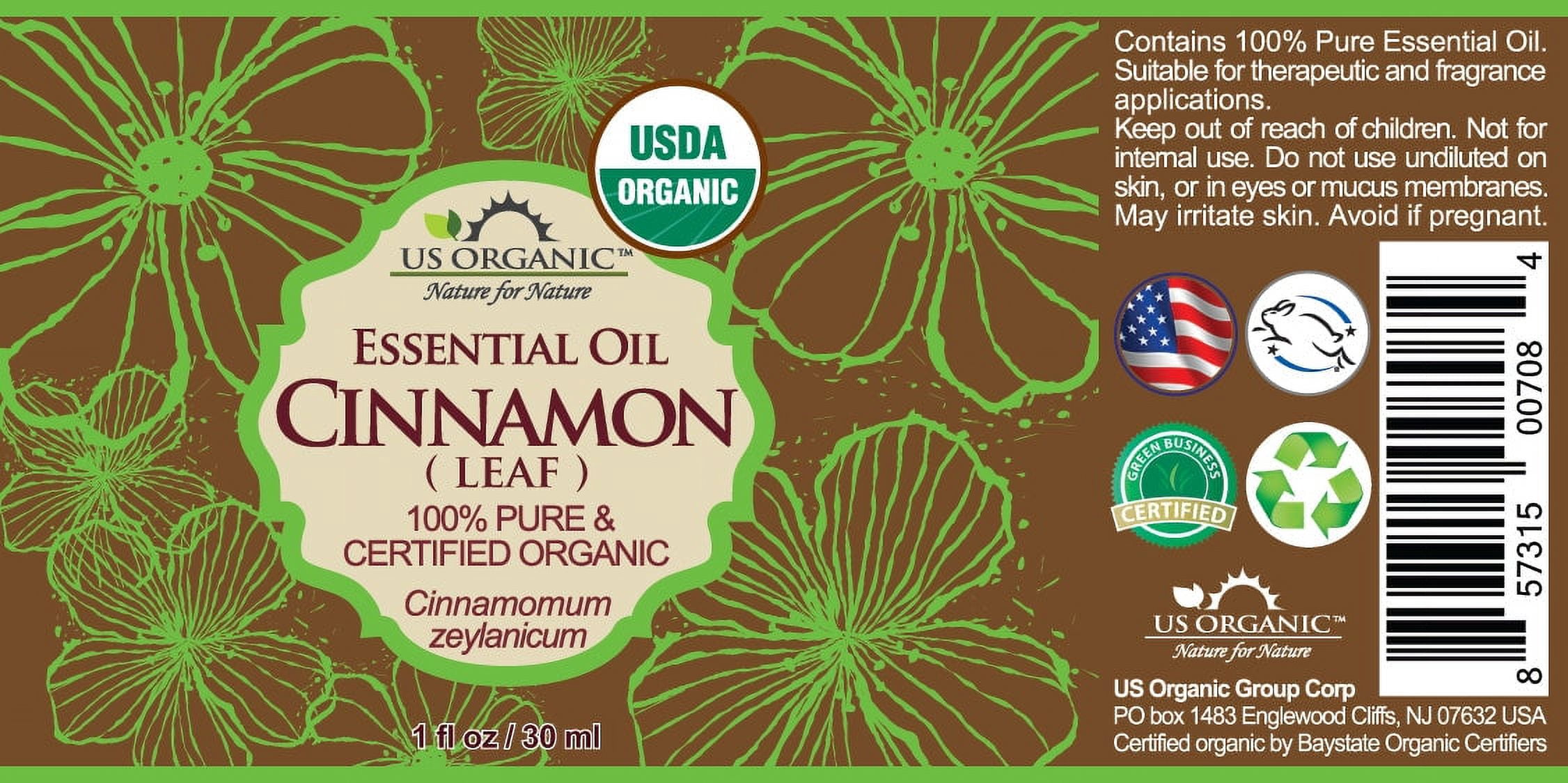 US Organic Cinnamon Leaf Essential Oil, 100% Pure Certified USDA Organic