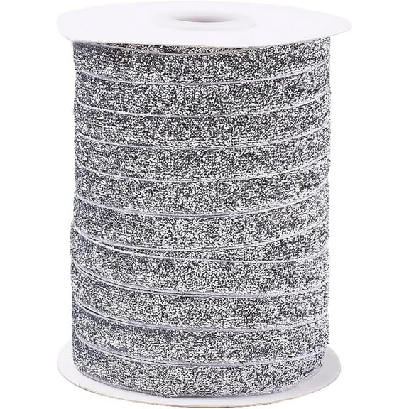 50 Yards 3/8 Inch Silver Metallic Glitter Velvet Ribbon Sparkle Sequin Paillette Trim Single Side with Spool Fabric Ribbons