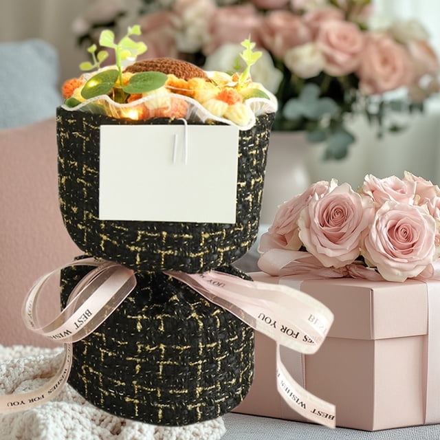 Ramo de Girasoles Tejido a Mano, Estilo Ramo de Ganchillo, con Bolsa de Regalo, Tarjeta de Felicitación y Luces. Decoración para El Hogar. Regalo Único para Mujeres.