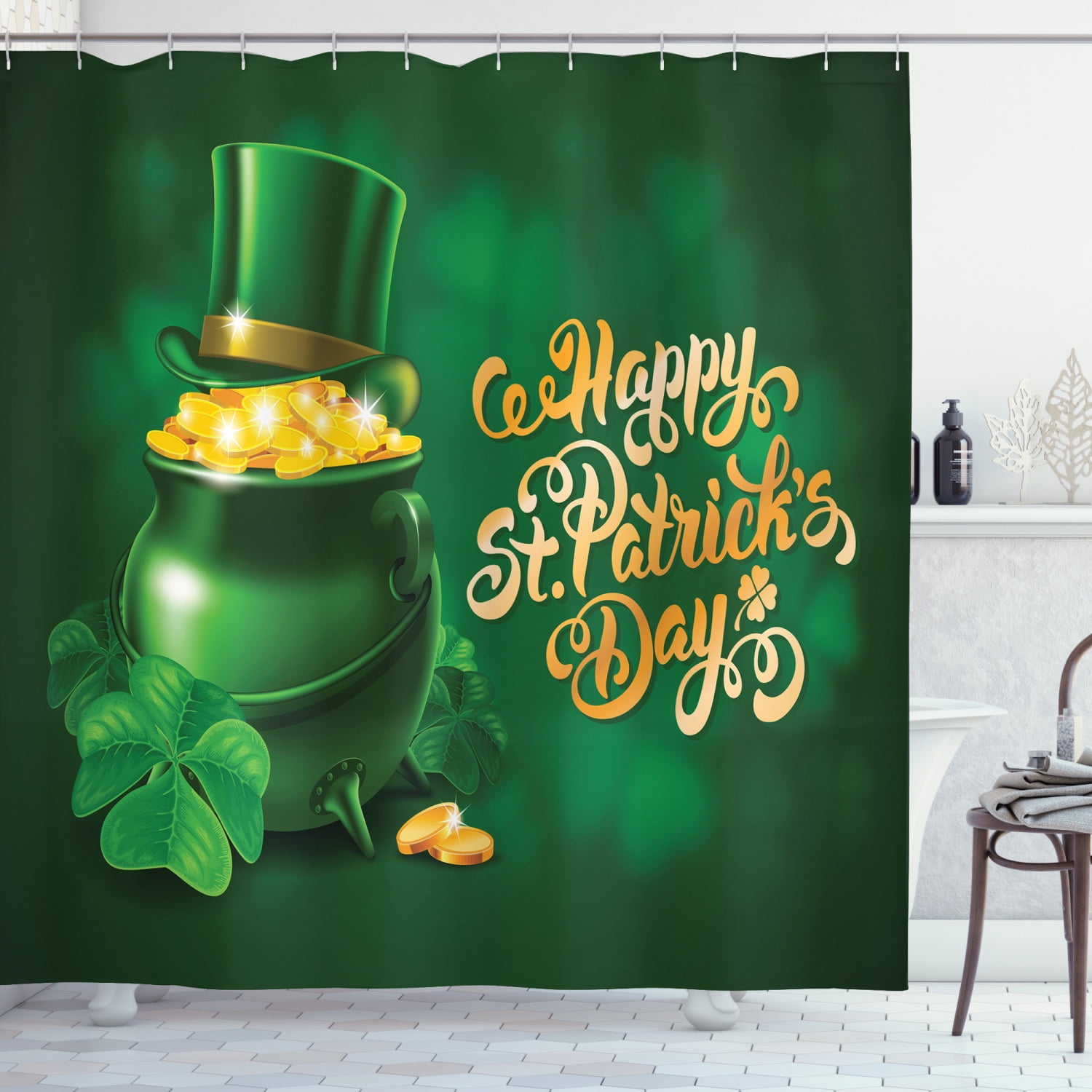Green Clovers Golden Coins Shower Curtain Happy St.Patrick's Day Shower Curtain 