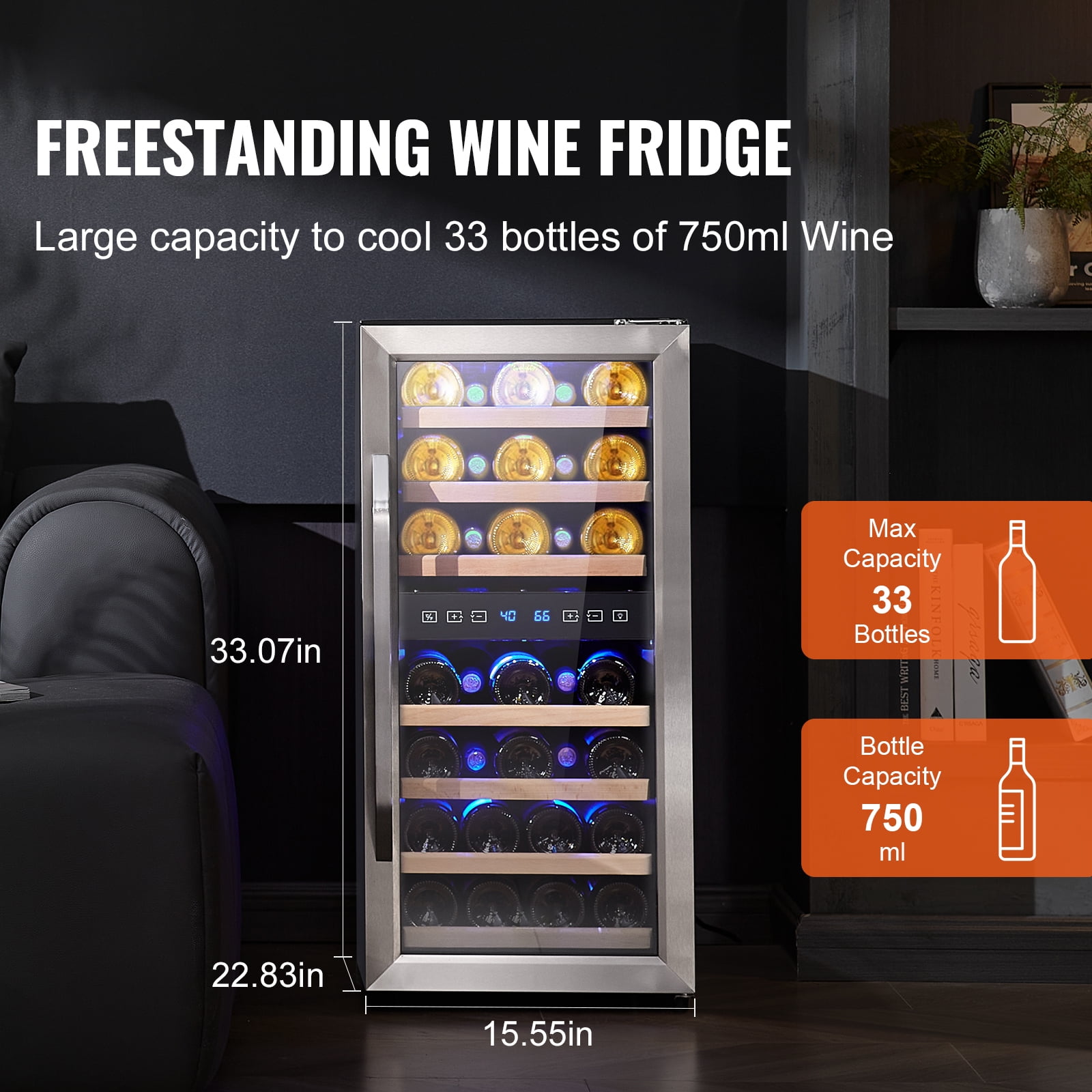 KFFKFF Wine Refrigerator Cooler 33Bottle Small Wine Fridge Dual Zone Temperature Control Mini Freestanding Wine Cellars for Home, Office